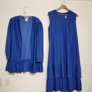 Gilberti 80s Vintage Elegant Pleated Ruffle Buttom Blue  Dress Set With Cardigan